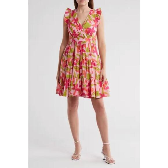 Taylor Pink Tropical Floral Print Ruffle Mini Dress - Picture 1 of 12